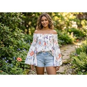 Women’s Off The Shoulder Floral Boho/Fairy/Whimsy/Romantic/Cottage Sz M